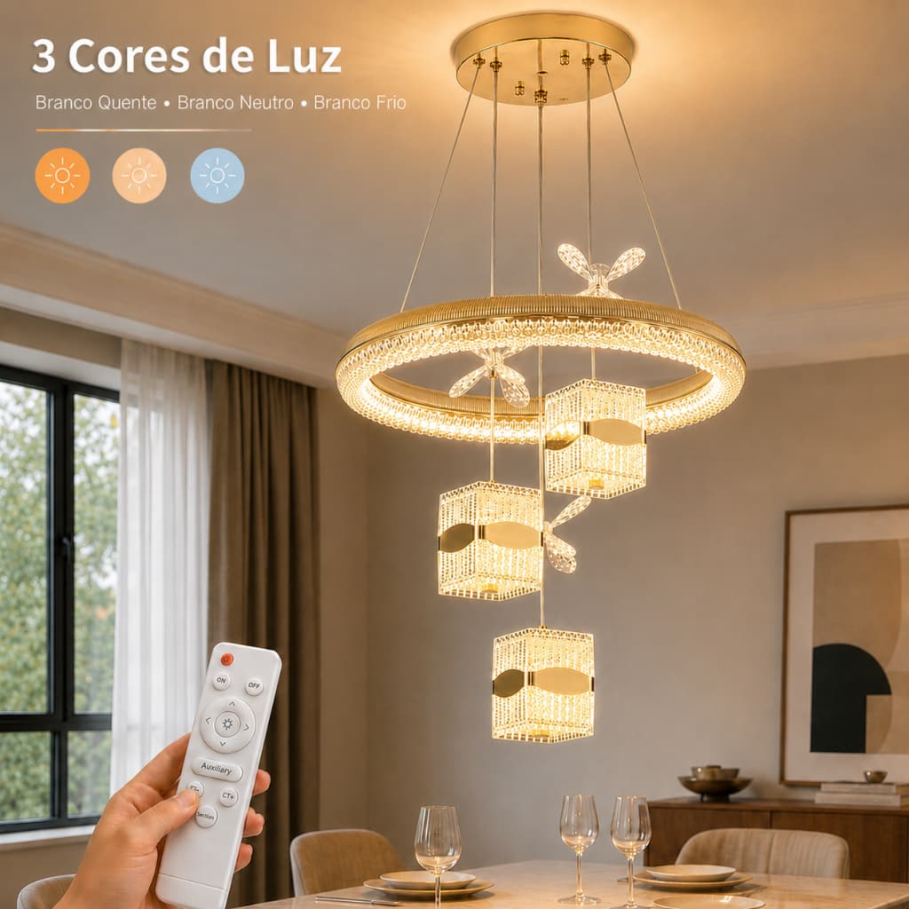 3 Cores Lustre LED Pendente Cristal Dourado 72W Altura Ajustável para Sala de Jantar Quarto
