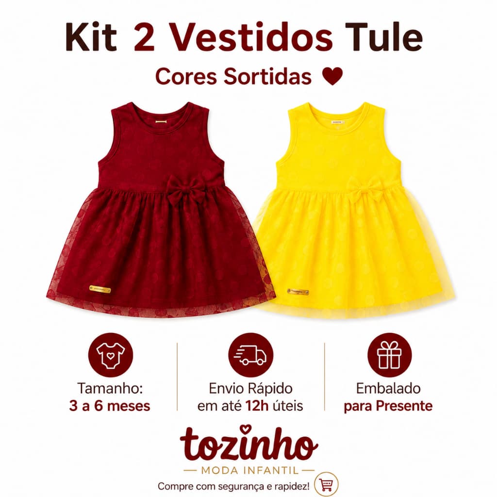 Kit 2 Vestidos Bebê Menina Forrado Conforto Tule 3-6 meses