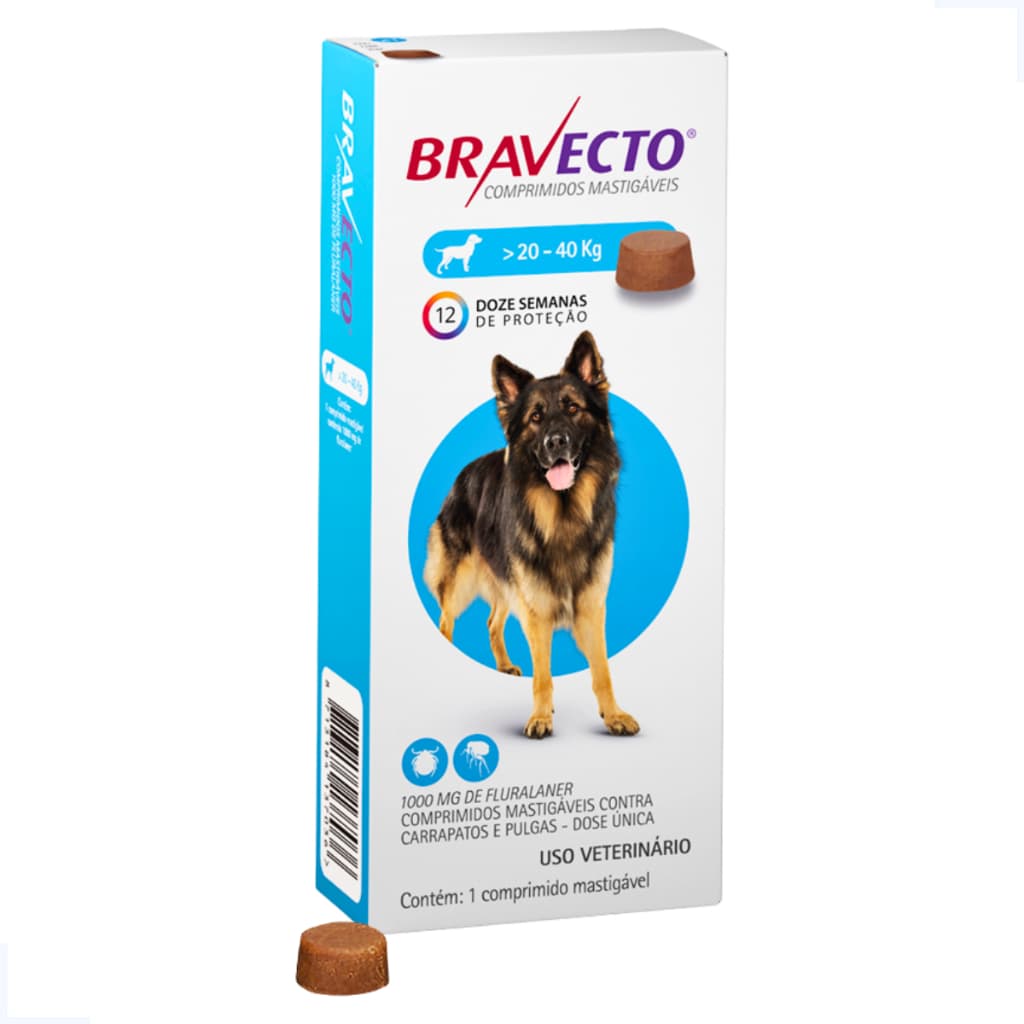 Bravecto 20 a 40kg 1000mg Remédio Pulgas Carrapatos Cachorro Antipulgas Cães MSD Saúde Pet