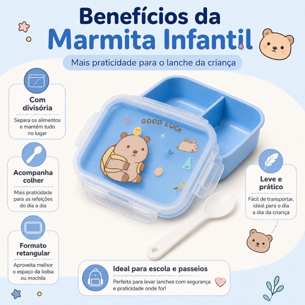 Marmita Infantil Capivara Com Divisórias Tampa Vedada Colher Lancheira Rosa Azul Bege