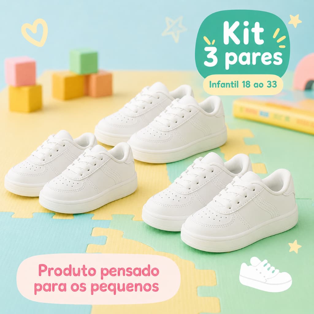 KIT 3 PARES Tênis Branco para Bebê e Infantil: Conforto Estilo do 18 ao 33 Resistente Leve Novo Original