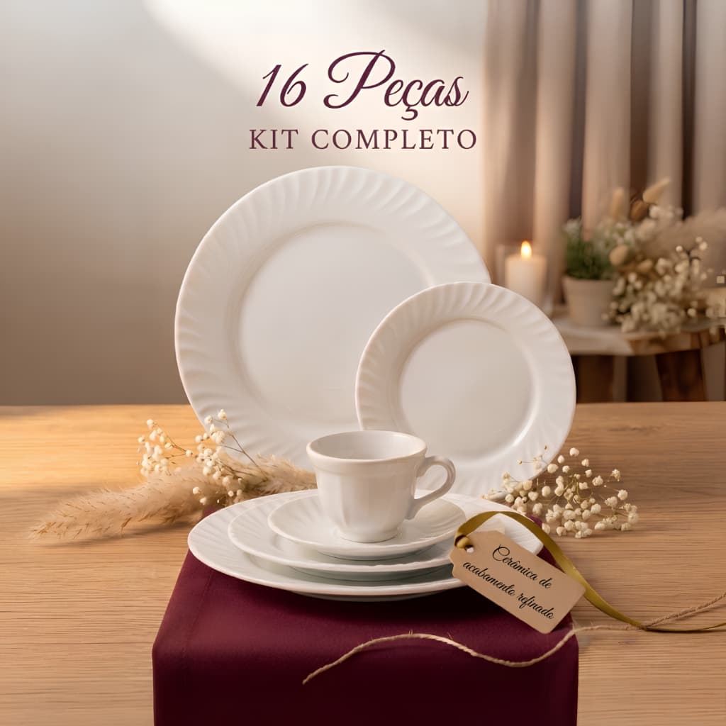 Aparelho de Jantar e Chá Lush em Cerâmica Kit 16 Peças Cor Branco Qualidade Premium Luxo Requintado