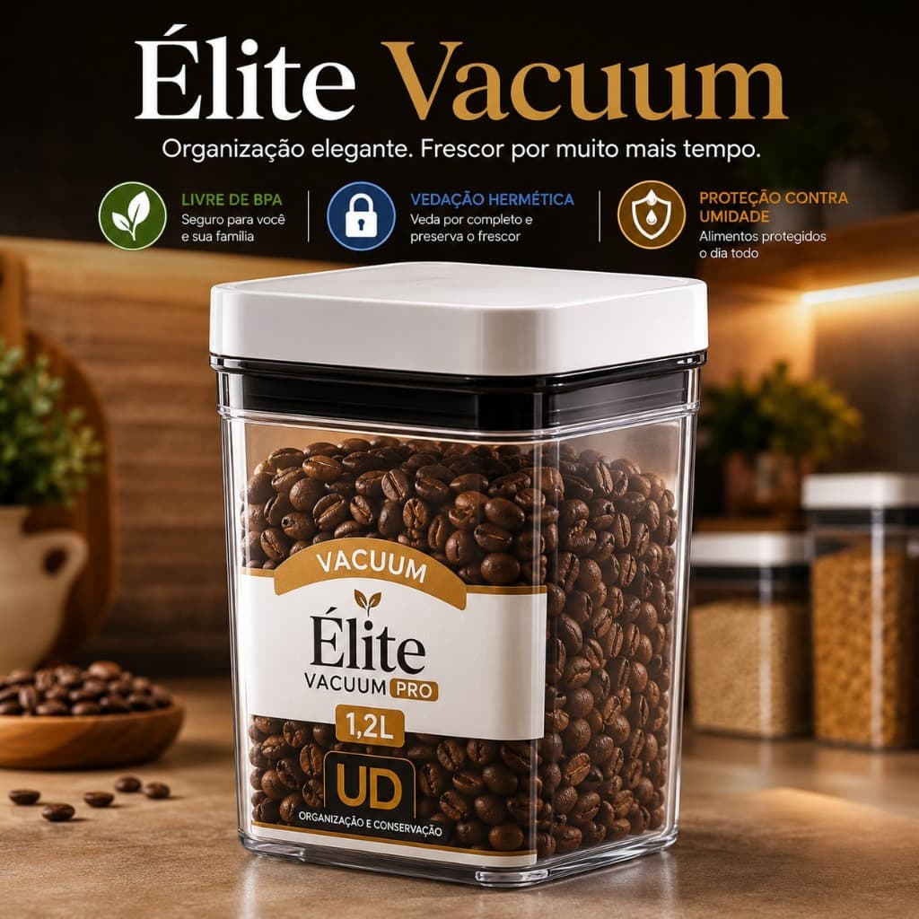 Pote Hermético para Alimentos 1,2L Vedação a Vácuo Tampa com Trava Organizador de Cozinha Élite Vacuum Pro