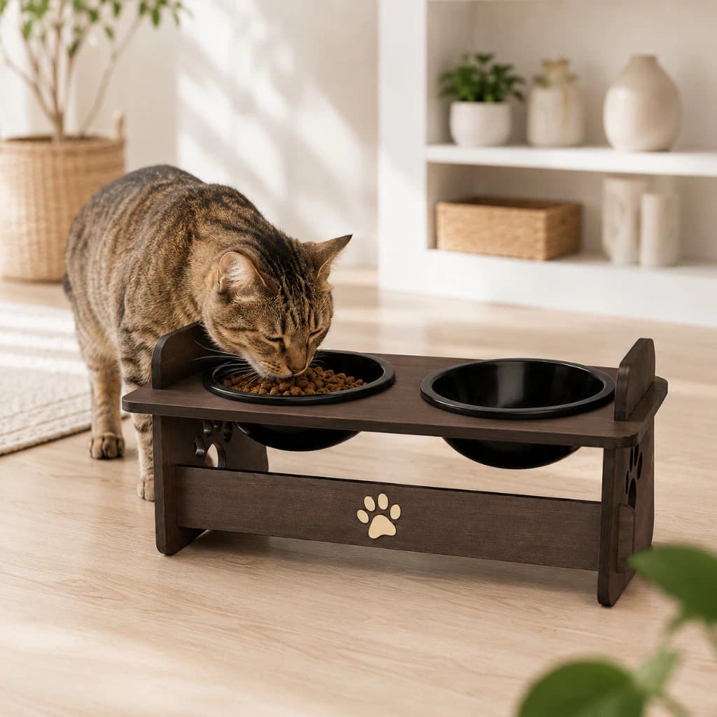 Comedouro Elevado Pet MDF Para Gato Cachorro 1 Pote Branco ou Preto