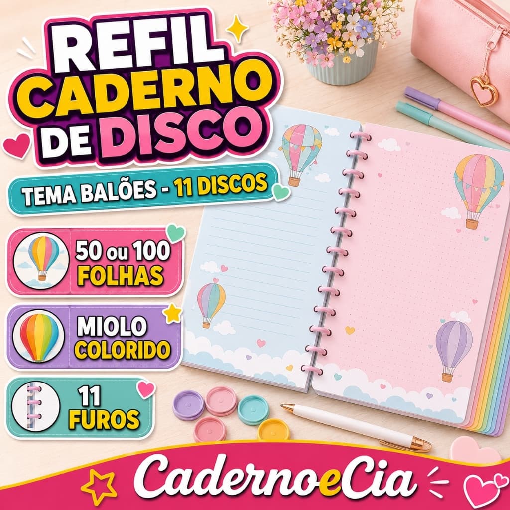 Refil de Folhas para Caderno de Disco Inteligente  Balões - Caderno de 11 discos