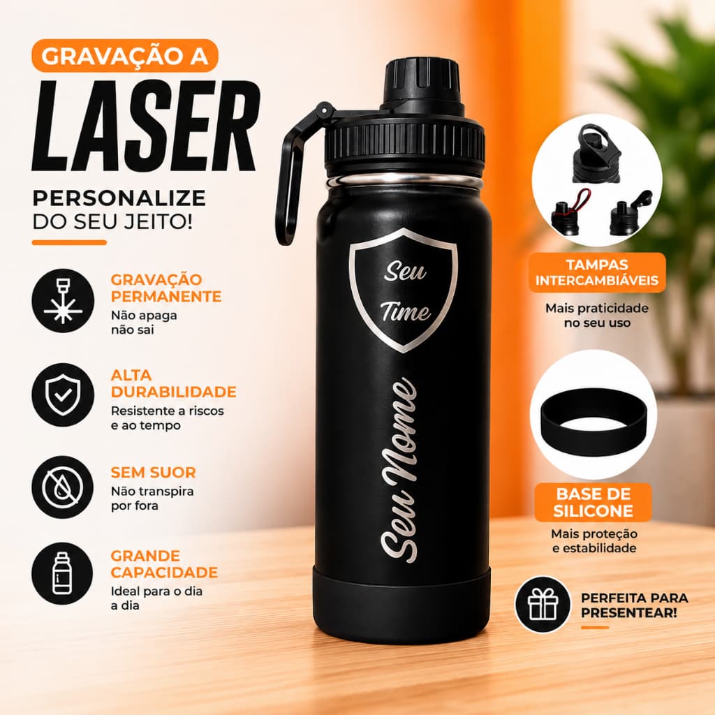 Garrafa Térmica Personalizada Nome e Time com base de silicone 800ml