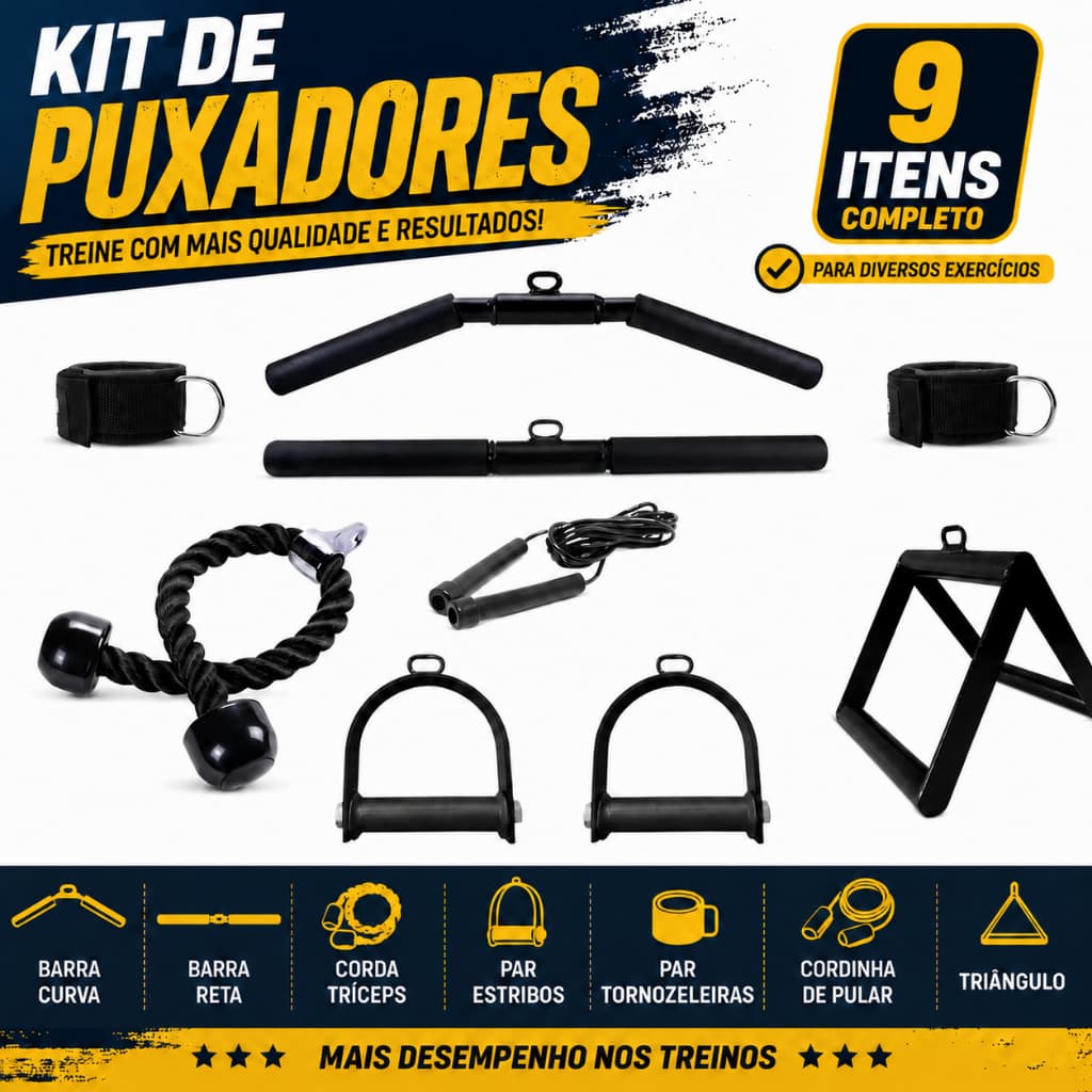 Kit Puxadores Barra Curva Reta Tornozelerias Glúteos Corda Tríceps Estribos Triângulo Corda de Pular