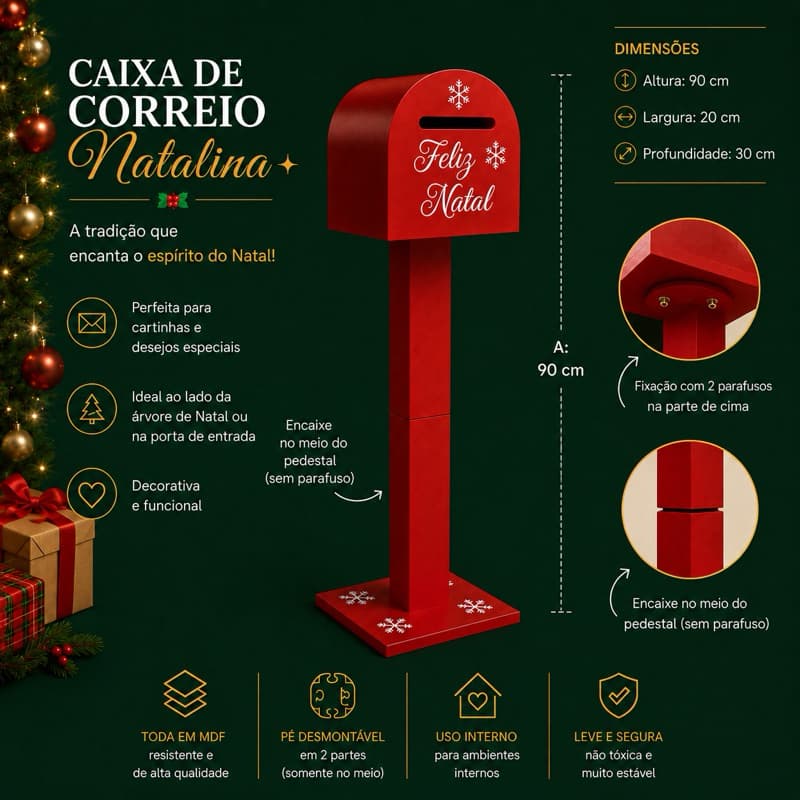 Caixa Postal Correio Feliz Natal Vermelha MDF Papai Noel Cartas Cartinha Natalina Decorativa Vitrine Enfeite