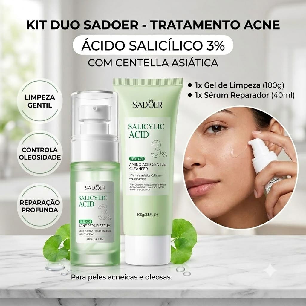 SADOER Sérum + Sabonete Facial Ácido Salicílico 3% Anti-Acne Controle Oleosidade Skincare