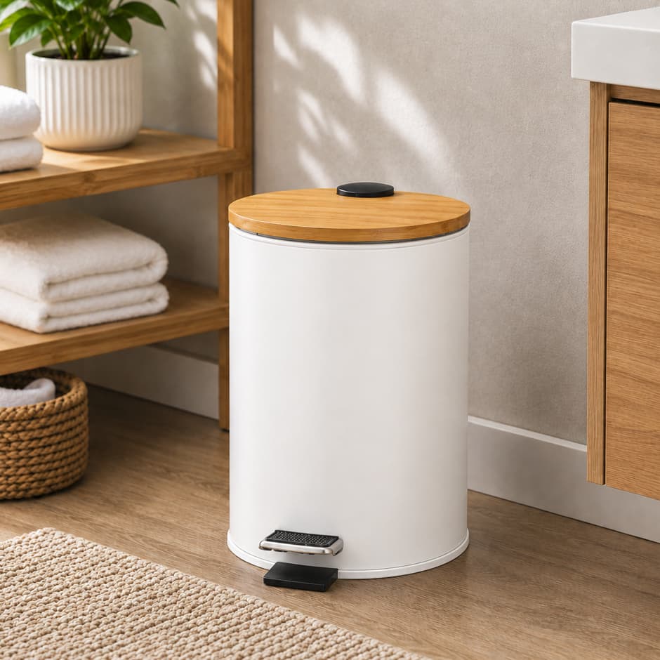 Lixeira 3L 5L Tampa de Bambu com Pedal Cesto Removível Banheiro Cozinha Preta Branca
