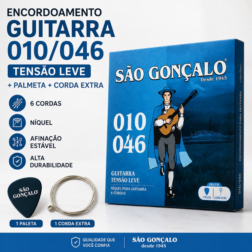 Encordoamento Guitarra São Gonçalo 010/046 Tensão Leve Níquel + Palheta + Corda Extra