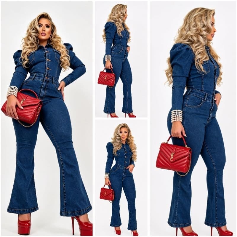 Macacão Flare Jeans Jeans Feminino Longo Com laycra Manga Longa Inverno luxuoso