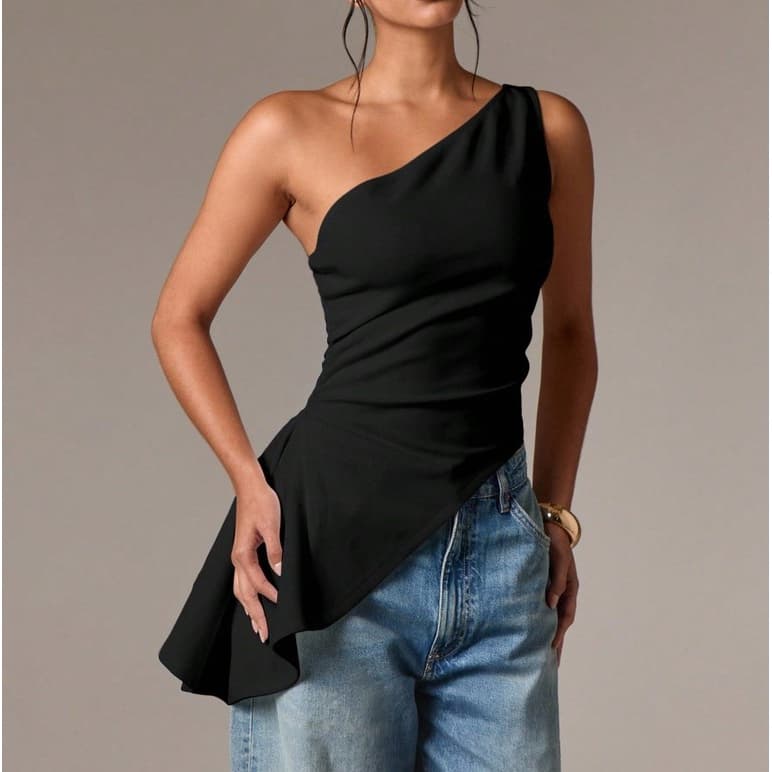 Blusa Feminina Regata Mula Manca Assimétrica Franzida Drapeada Elegante Casual