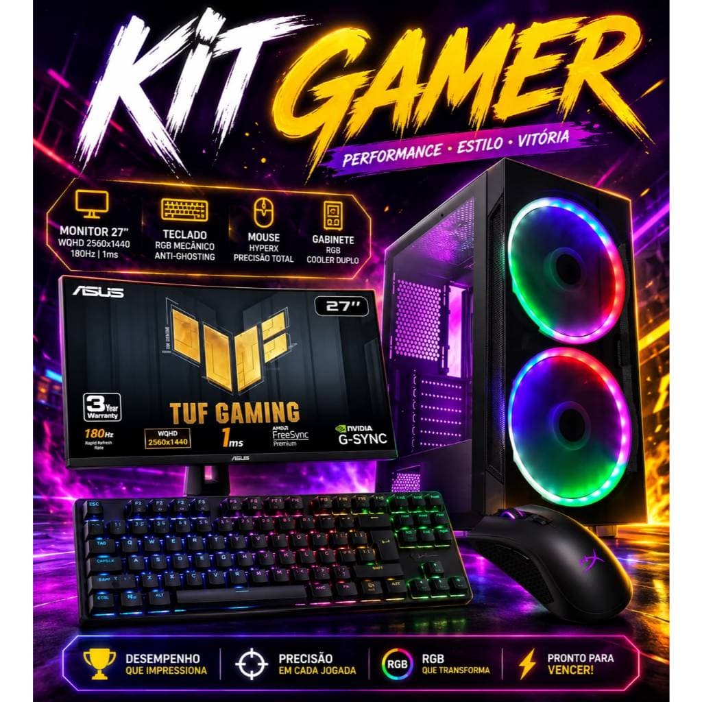 🔥 Kit Gamer Completo ASUS TUF 27" + Teclado Mecânico Husky + Mouse HyperX RGB + Gabinete Anjo de Combate