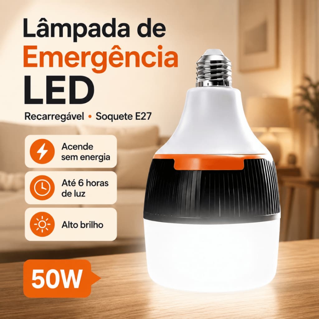 Lâmpada Recarregável Emergência LED 50W E27 2 modos 6h Queda de Energia Camping