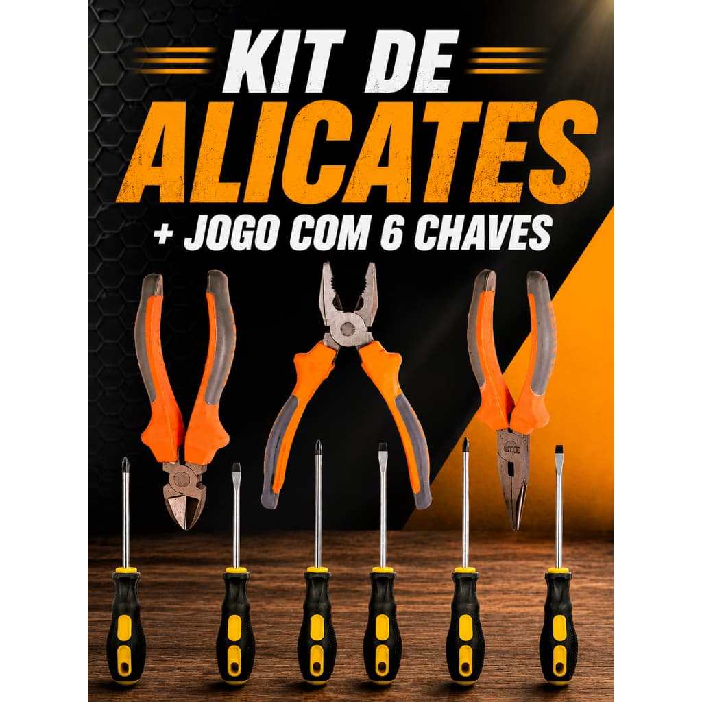 Kit Alicates 6 pol Alicate Universal Corte Diagonal E Bico + Jogo Com 6 Chaves Phillips E Fenda