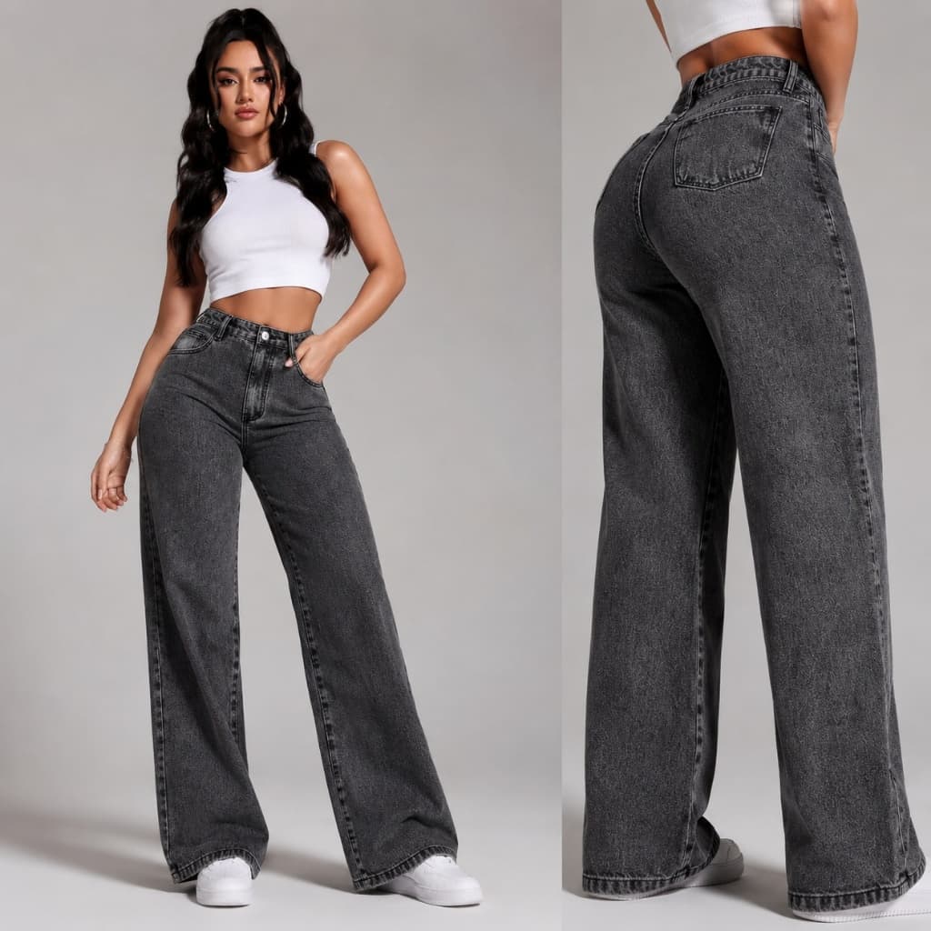 Calça Jeans feminina Wide Leg Preta Marmorizada Pantalona boca larga tecido premium - cintura alta