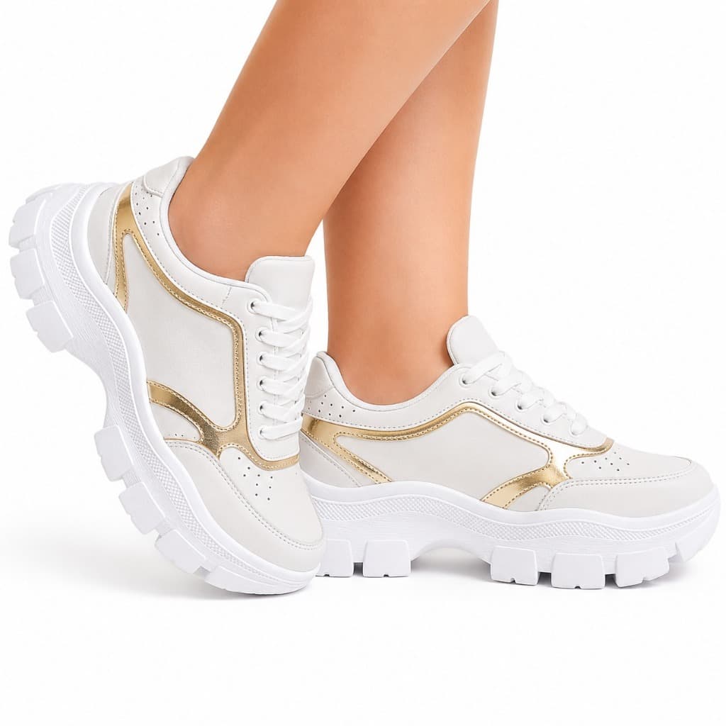 Tênis Casual Feminino Branco Plataforma Chunky Confortável Dia a Dia