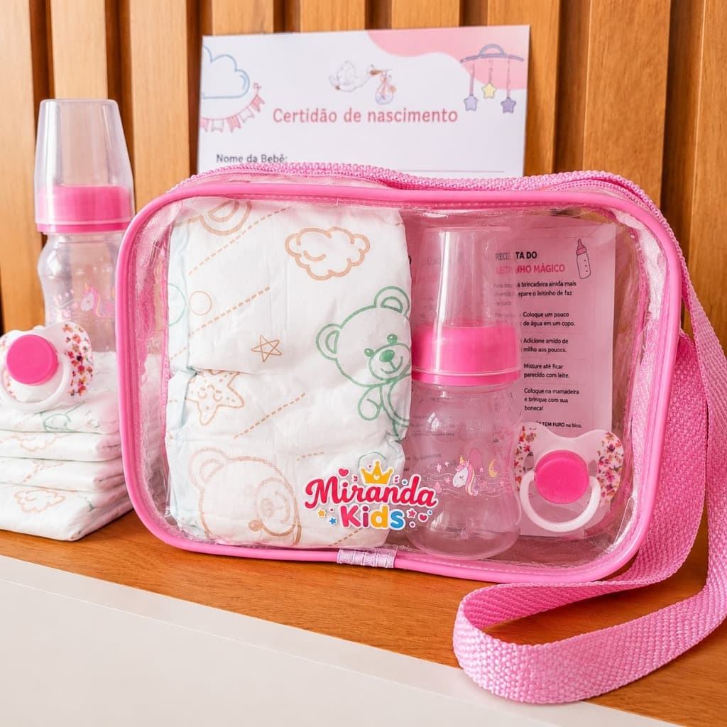 Bolsa Maternidade para Boneca Reborn com 5 Fraldas Mamadeira e chupeta Magnética
