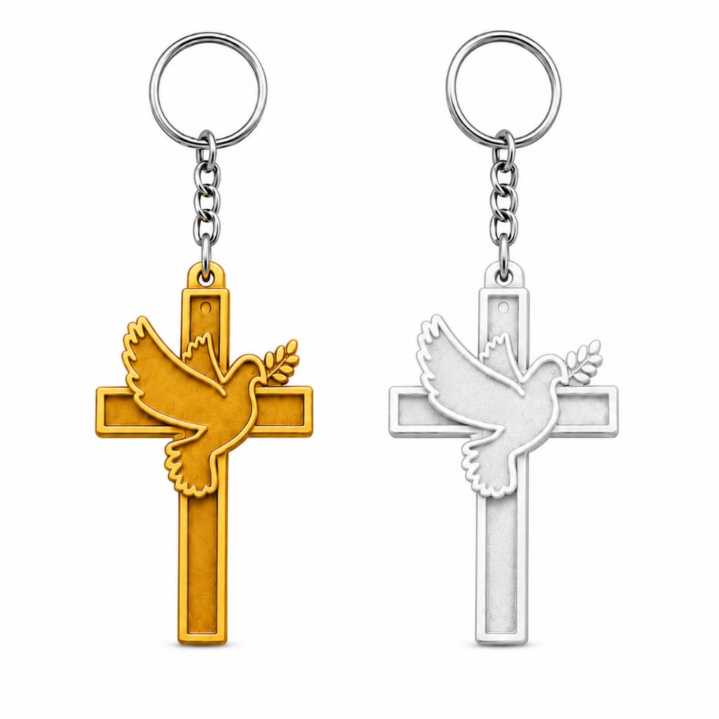 Chaveiro Religioso Cruz com Pomba Espírito Santo | Lembrancinha Batizado Crisma Dourado e Branco