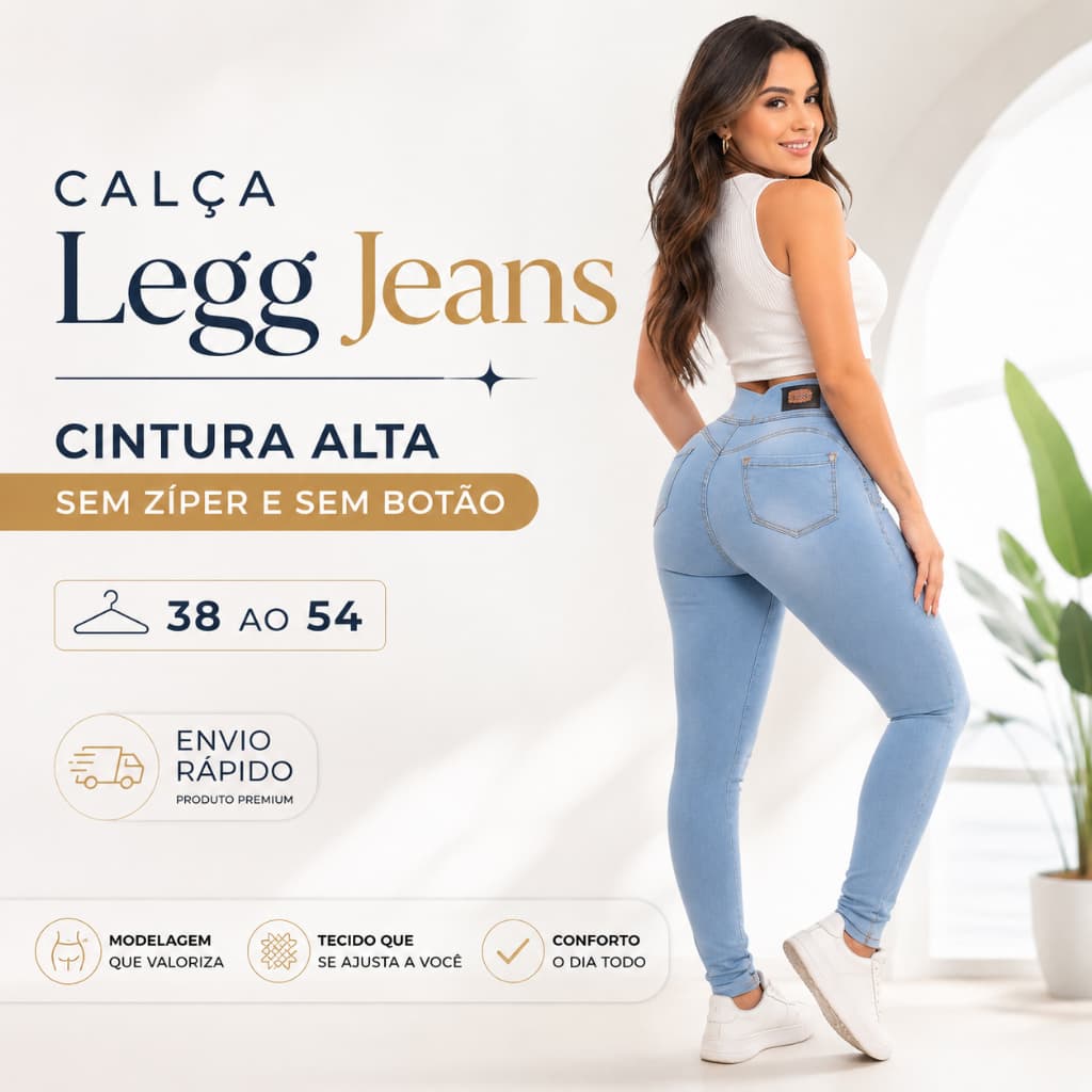 Calça Legg Jeans Feminina | Cintura Alta - Sem Zíper - Sem Botão - Com Elastano Premium