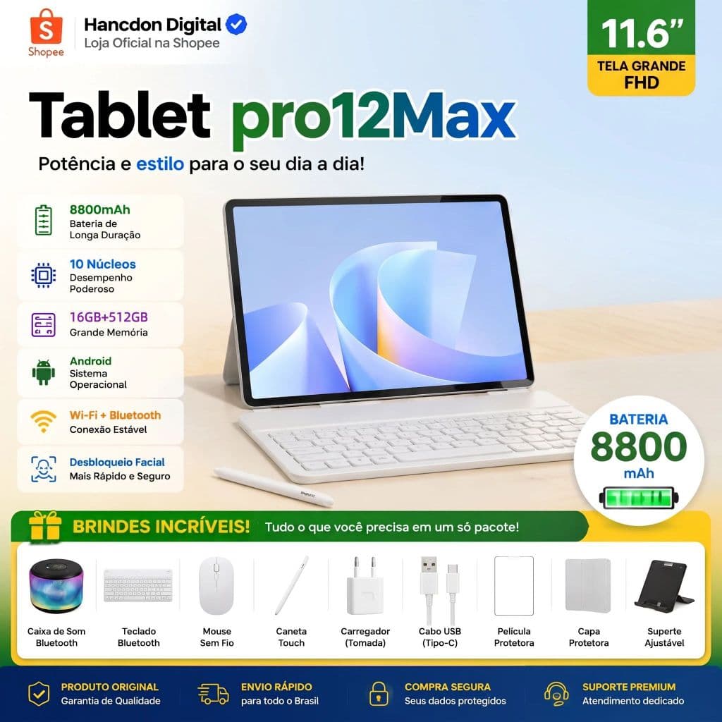 Hancdon Tablet PC Pro12Max 16GB+512GB 11,6 polegadas Tablet Android TelaGrande Wifi 5G Dual SIM Dual StandbyTablet