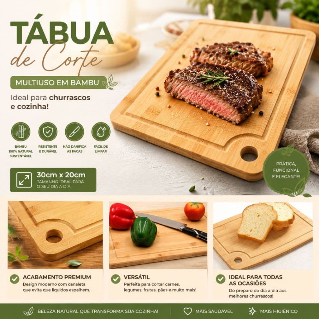 Tabua de Corte Multiuso em Bambu Ideal para Churrascos e Cozinha 30cmx20cm
