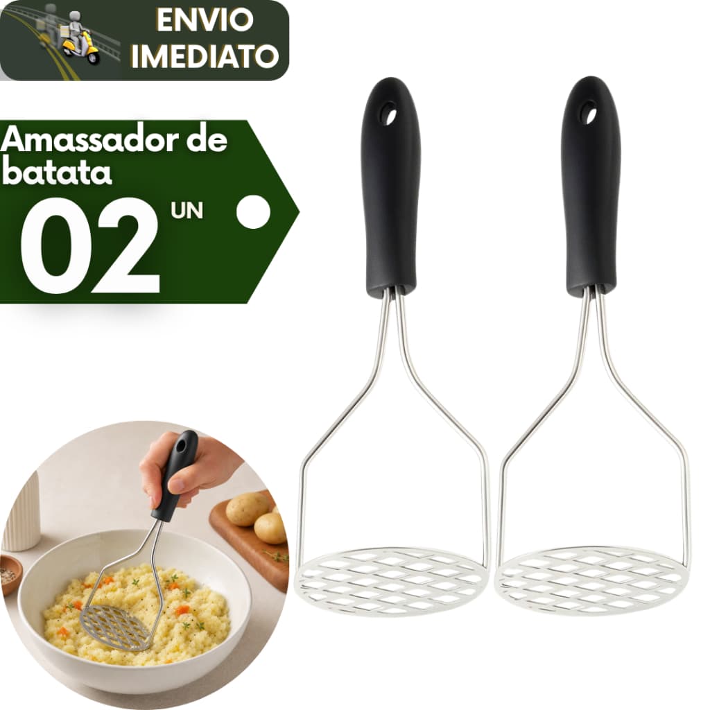 Kit 2 Triturador Amassador de Batatas Manual Inox Multiuso Espremedor Purês Legumes Ideal Cozinhas