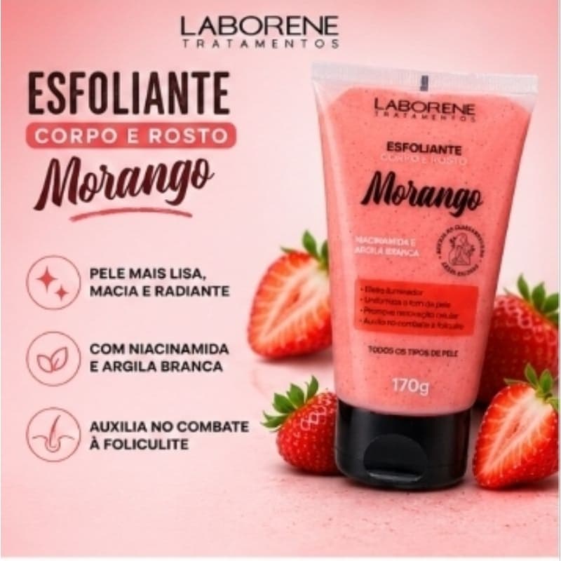 Esfoliante Corporal e Facial Morango Laborene 170g Niacinamida Clareador Pele Lisa e Iluminada