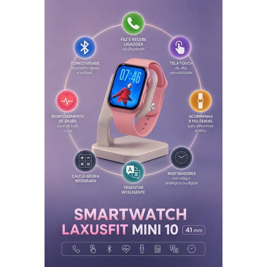 Relogio Smartwatch 41 mm Bluetooth, Monitoramento de Saude, Calculadora, Faz e Recebe Ligação..