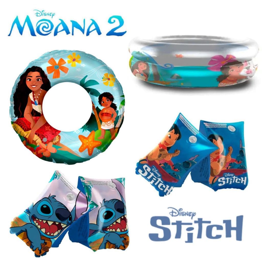 Piscina Inflável Boia de Braço e Circular Infantil Bebê Stitch Moana 2 Férias Diversao Disney Praia