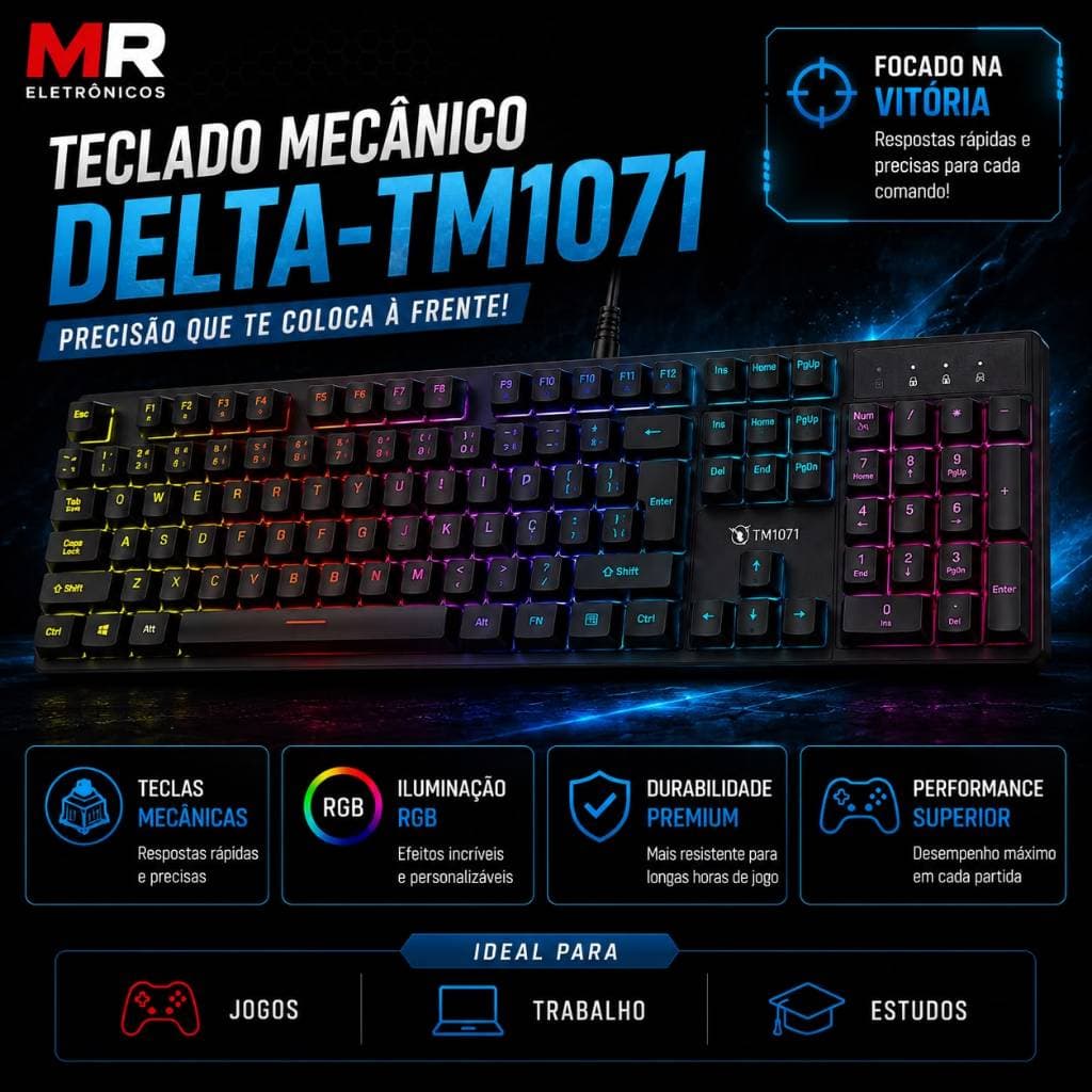 Teclado Mecânico Gamer RGB ABNT2 | LED RGB | USB | Anti-Ghosting | Plug & Play | Delta TM1071
