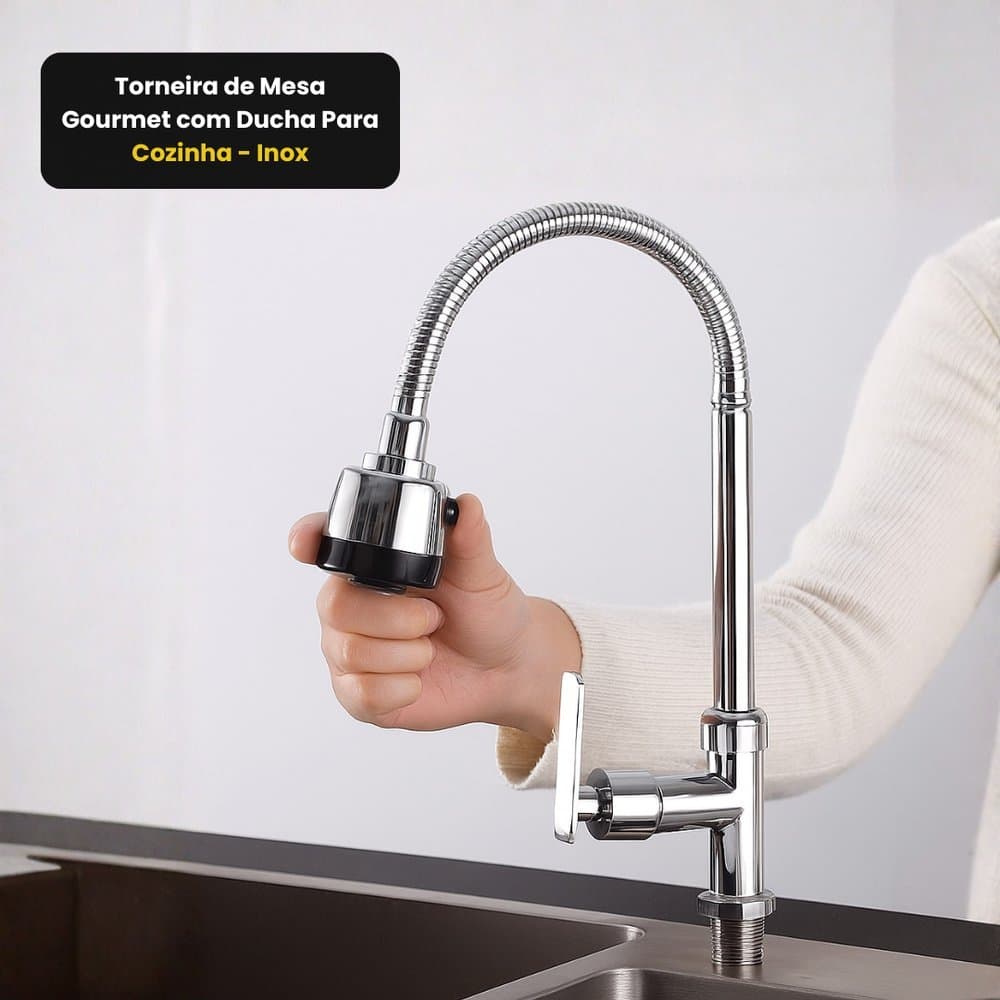 Torneira De Cozinha De Mesa de Bancada Flexível Inox Com Ducha Spray E Chuveirinho