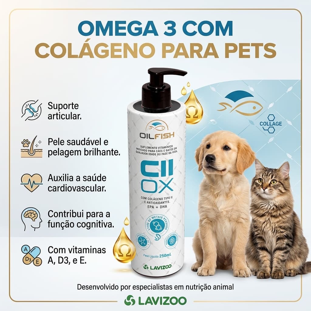Colageno Liquido Ômega 3 CII Ox Oil Fish Cães e Gatos 250ml