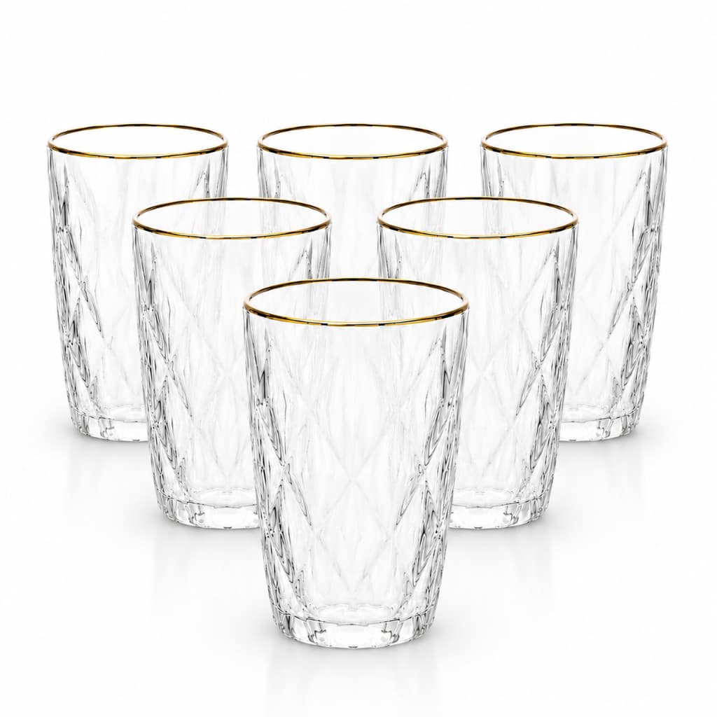 Jogo 6 Copos de Vidro Diamond 370ml Borda Dourada Premium Luxuoso Cristal Resistente ENVIO IMEDIATO.