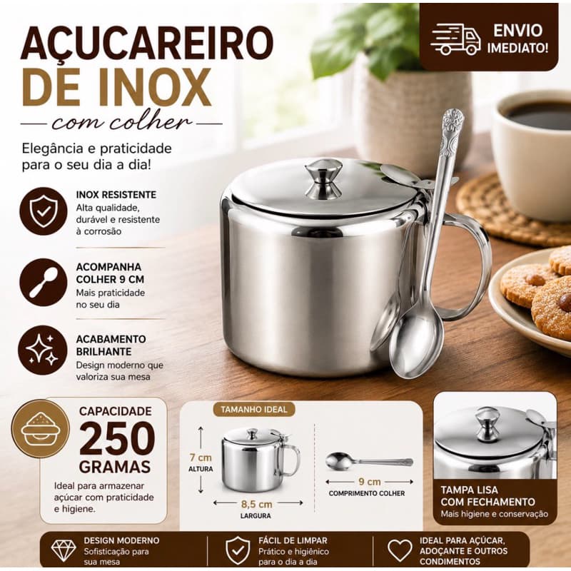 Açucareiro com Colher Inox - Porta Acucar Prático e Elegante para Mesa e Cozinha, Dia a Dia
