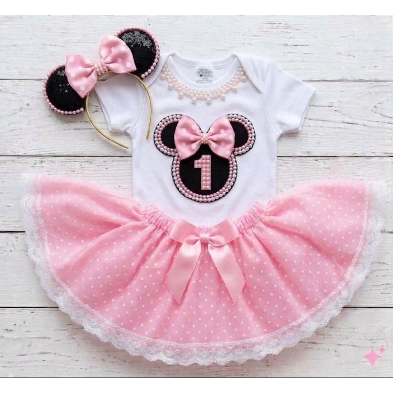 Kit Minnie Rosa Roupa Aniversário 1 Ano Saia Tricoline + Tiara