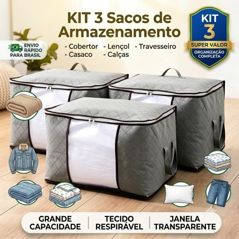 KIT 3 Sacos de Armazenamento Caixa Saco Organizador Grandes para Cobertor Casaco Lençol Travesseiro Calças Organizadora