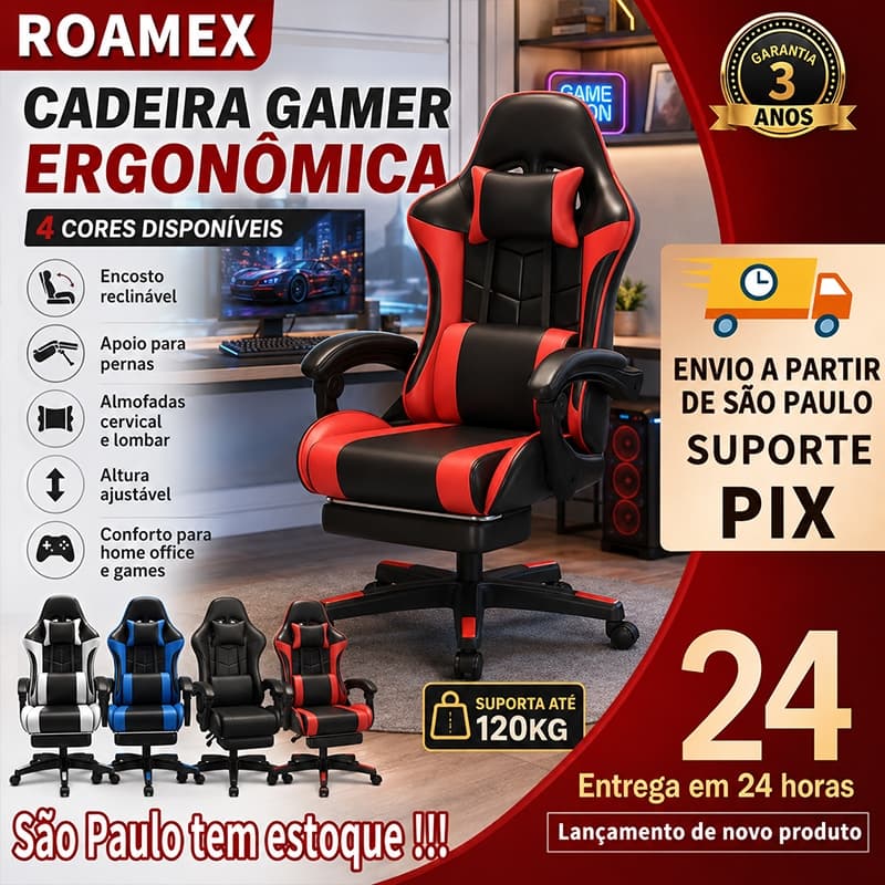 Cadeira Gamer Ergonômica Reclinável com Apoio para Pernas 4 Cores Suporta 120kg Home Office