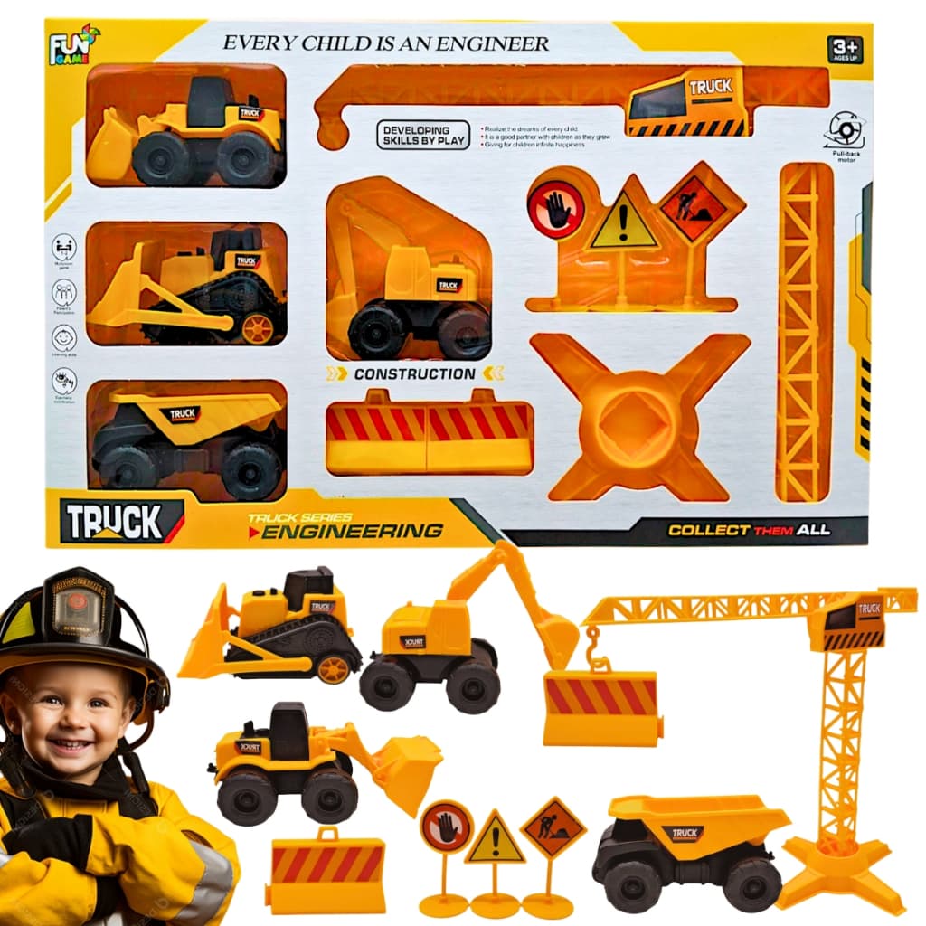 Brinquedo Kit Construção 10pçs C/ Carros Construção Trator escavadeira Caminhão Guindaste Construção