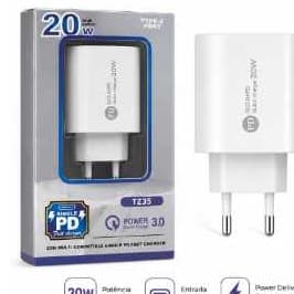 Carregador De Tomada 20W Turbo Dual Port USB-C PD e USB Quick Charge 3.0 Branco