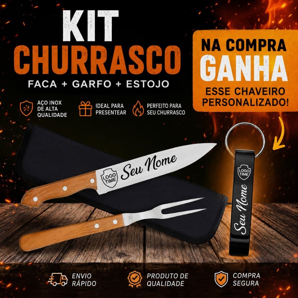 Kit Churrasco Personalizado com Nome Faca Garfo Inox Estojo + Chaveiro Personalizado Brinde