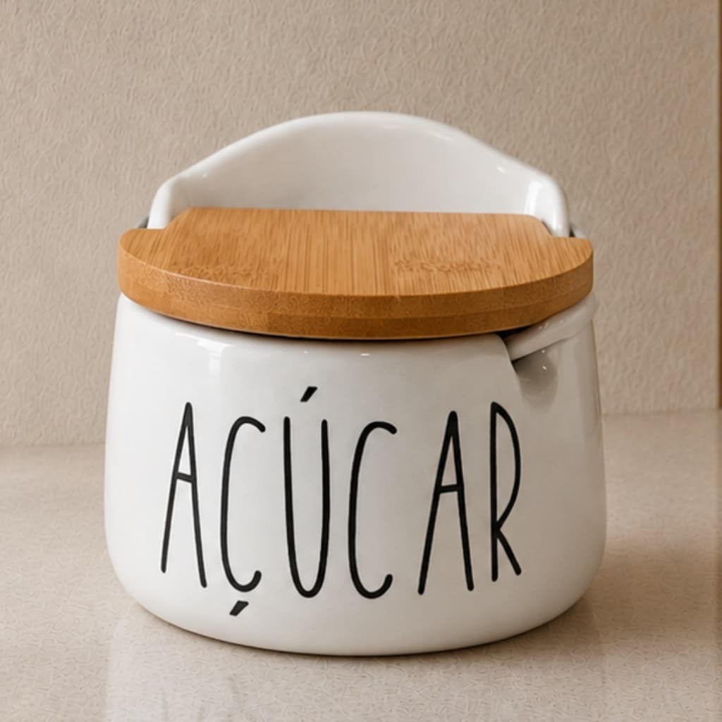 Açucareiro Porcelana c/ colher e tampa de bambu 10,5cm