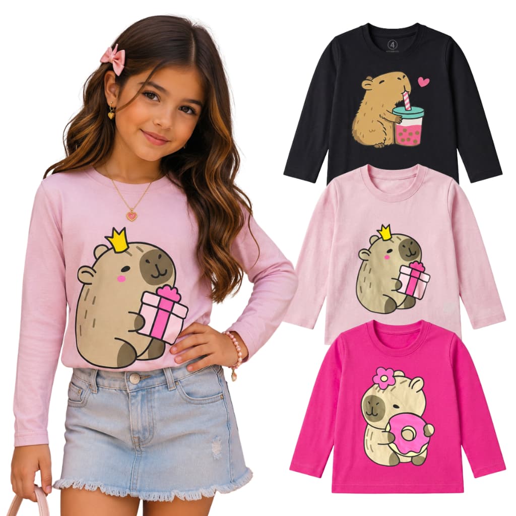 Camiseta Infantil Feminina Capivara Manga Longa 100% Algodão Premium Confortável | Camiseta Infantil