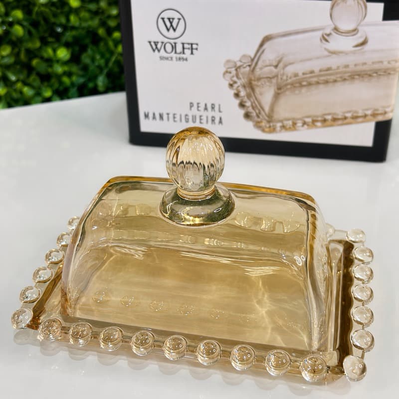 Manteigueira 14cm WOLFF Pearl Vidro Cristal ambar / Pérolas / Mesa / Cozinha / Manteiga Manteigueira