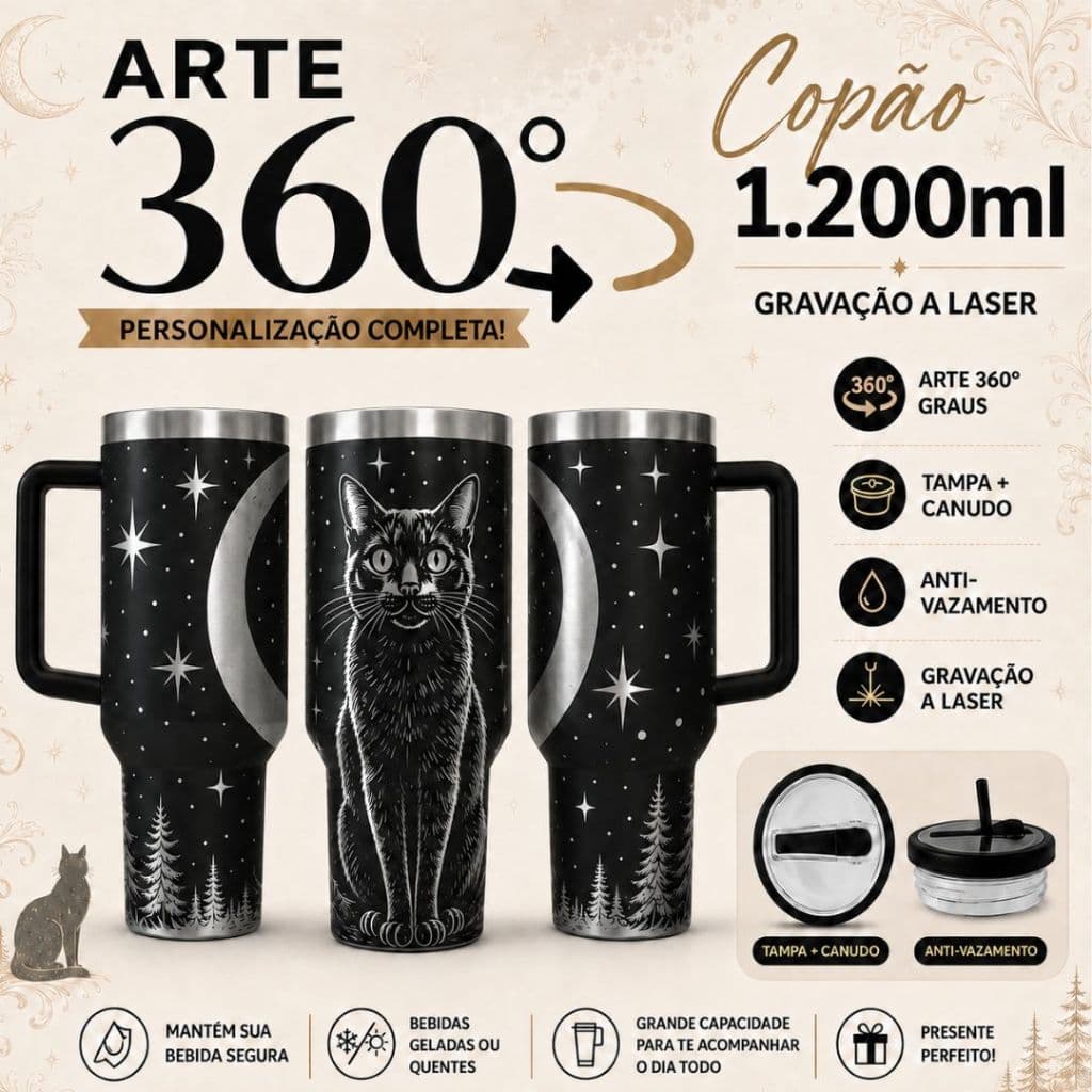 COPO TÉRMICO 1200ML COPÃO COM CANUDO ARTE 360ºGRAUS COPO INTEIRO TEMA: GATO PRETO GATO E LUA CAT PET ANIMAIS