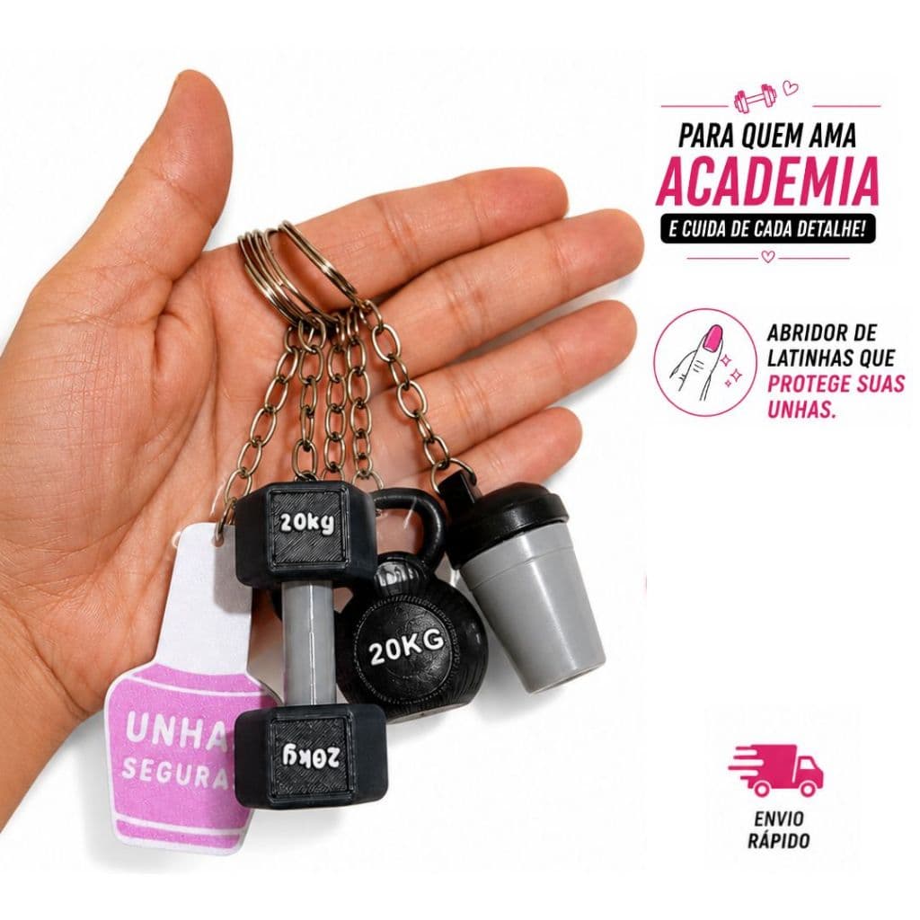 Kit 4 Chaveiros - Abridor, mini shaker, halter e kettlebell (1 de cada modelo)