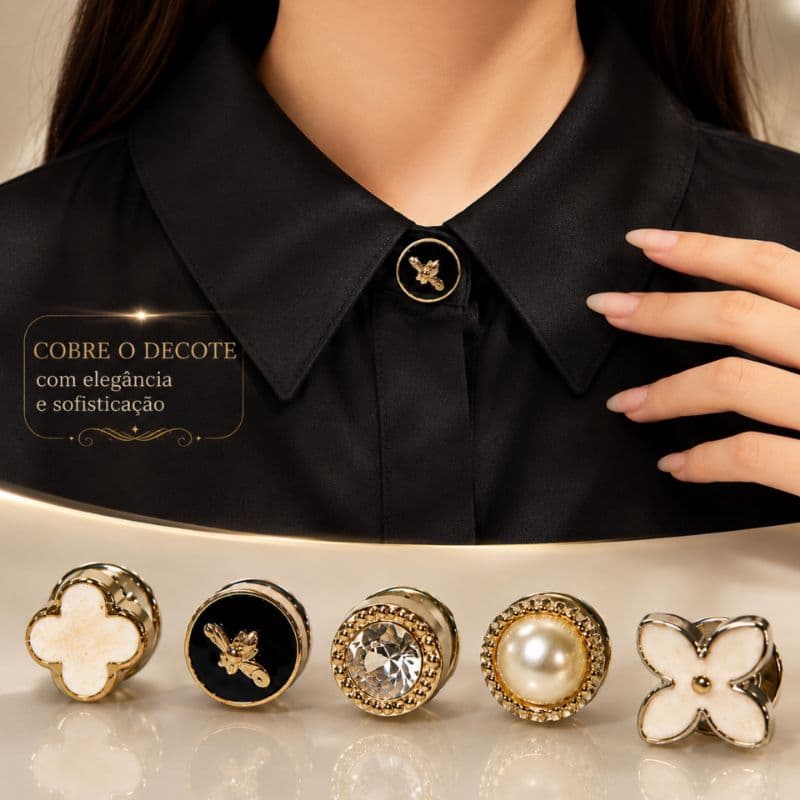 5 Broches diferentes para camisa, gola, botão e decote feminino, acabamento elegante e funcional