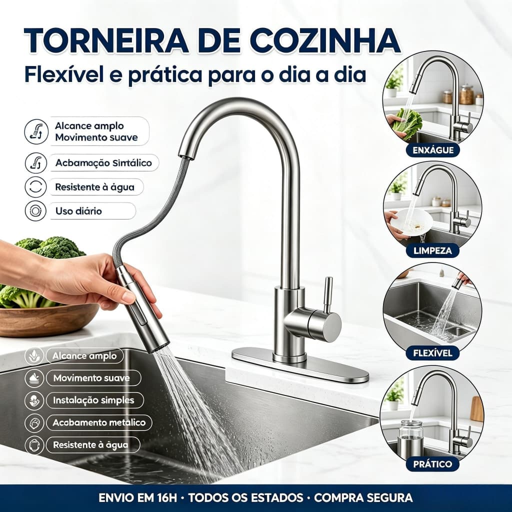 Torneira de Cozinha com Extensor Flexível – Monocomando, Jato Puxável, Arejador Articulado, Aço Inox 201 Prata S2