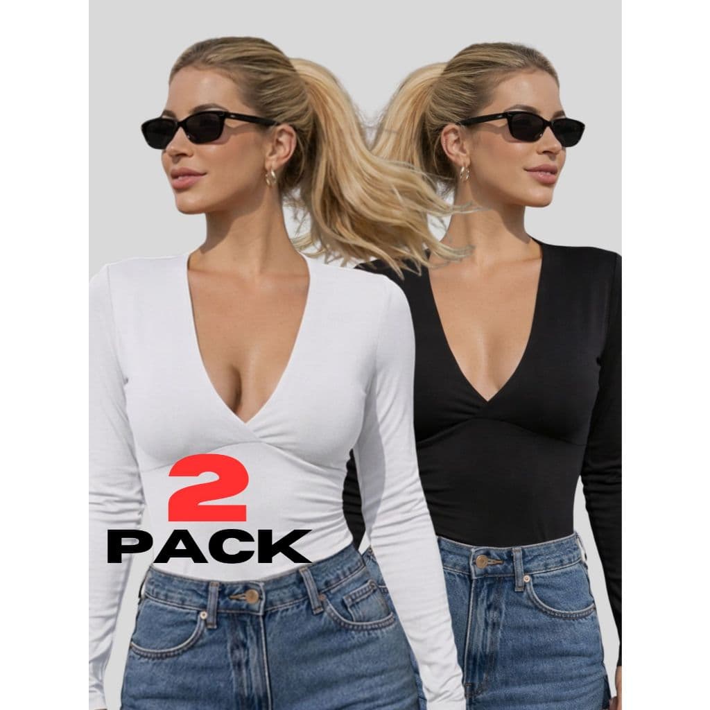 Kit 2 Blusas Manga Longa Decote V Profundo Forro Duplo Segunda Pele Modelagem Justa Suplex Premium Casual Confortável